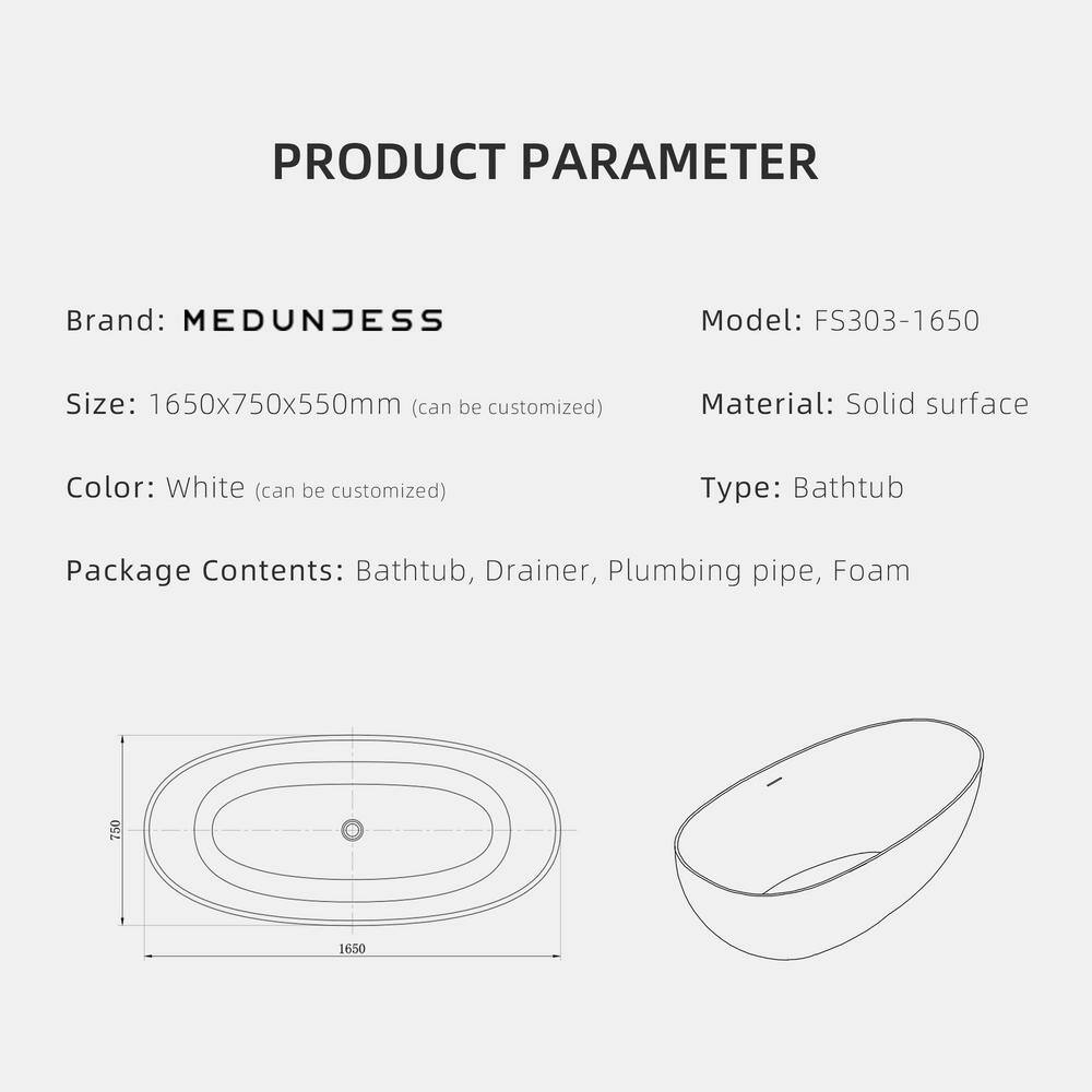 MEDUNJESS Eaton 65 in. Stone Resin Solid Surface Matte Flatbottom Freestanding Bathtub in White FS303-1650