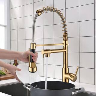 PROOX Single Handle Deck Mount Spring Pull Down Sprayer Kitchen Faucet with Pot Filler in Polished Gold PR22AARX291PG