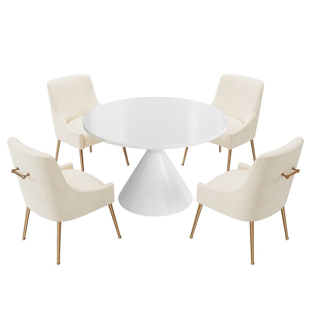 Clihome 5 Piece High Gloss White Table with Velvet Chair Dining Set