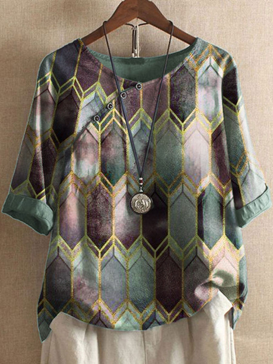 Round Neck Geometric Print Casual Fashion Blouse