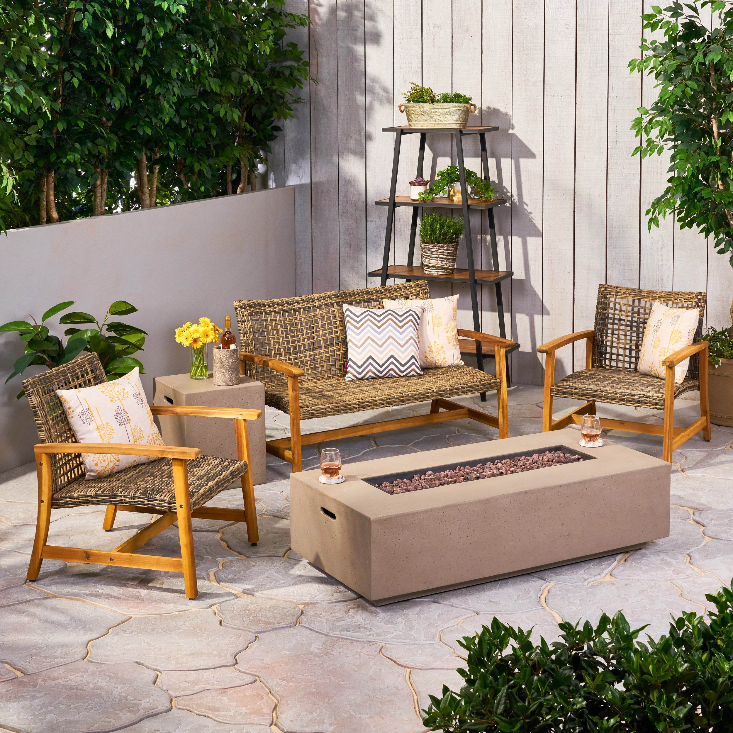 Tabby Outdoor 5 Piece Wood and Wicker Chat Set with Fire Pit