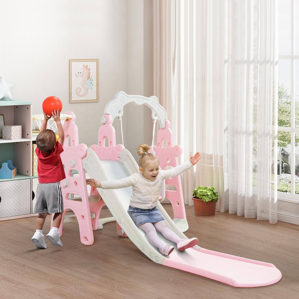 Nyeekoy 3 in. 1 Kids Slide and Swing Set Toddler Climber Playset Indoor Outdoor Playground Pink and Grey TH17G0755