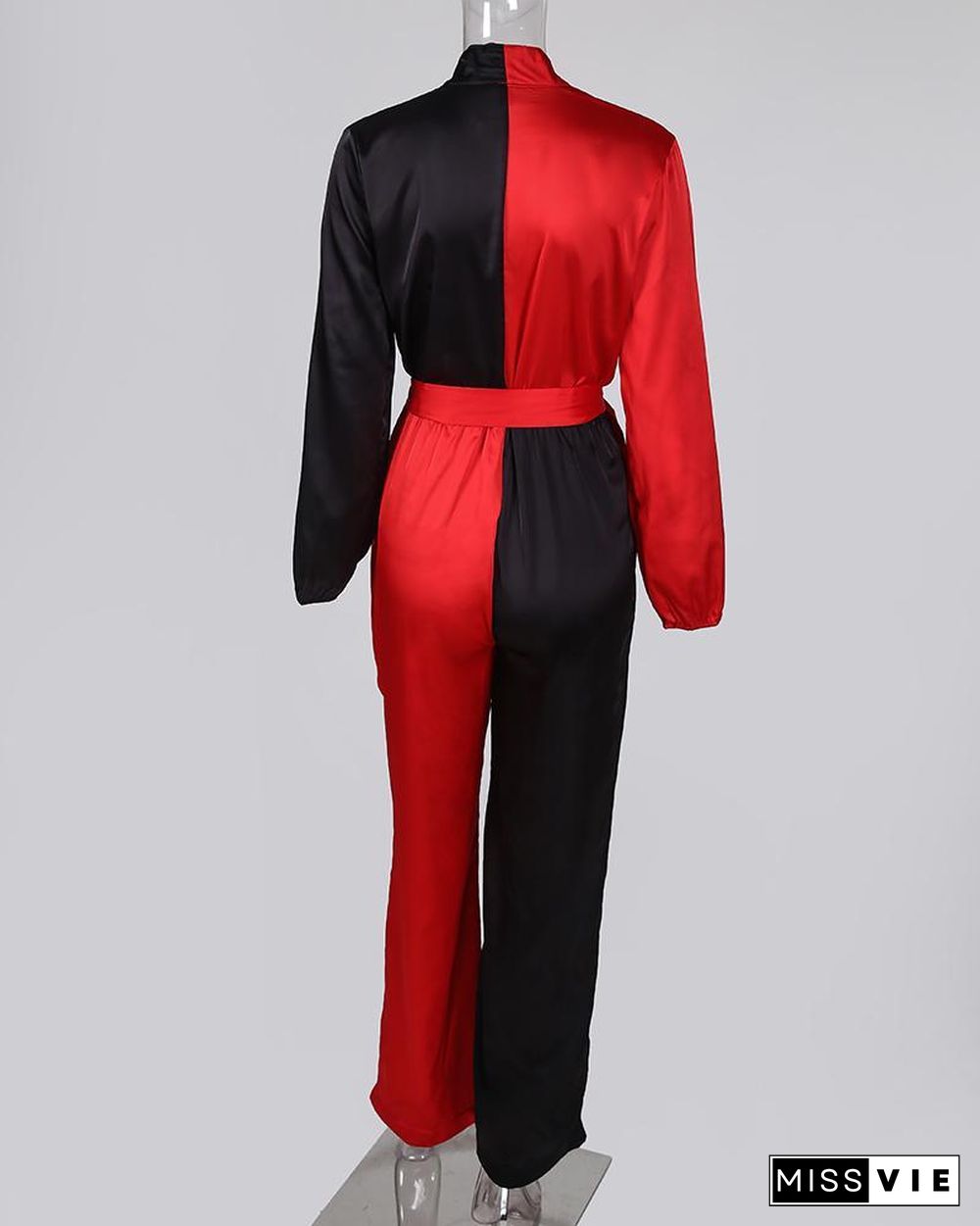 Colorblock Long Sleeve Knotted Jumpsuit P10958