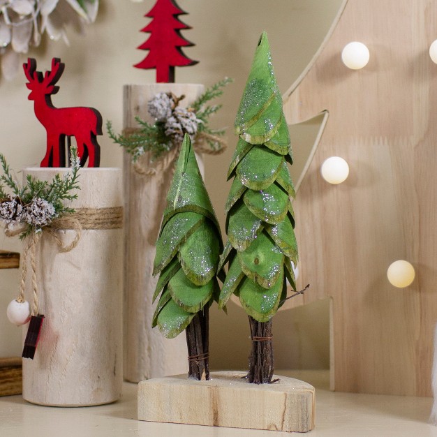 Brown And Green Christmas Trees On A Wooden Base Tabletop Decor