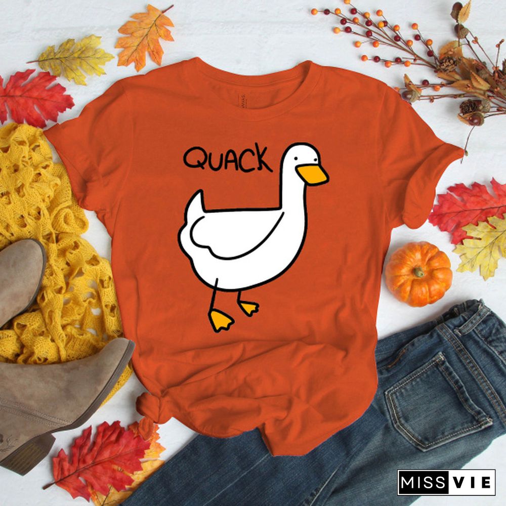 Cute Duck Quack Print T-shirts For Women Summer Lovely Short Sleeve Casual T-shirts Funny Ladies Round Neck Tops