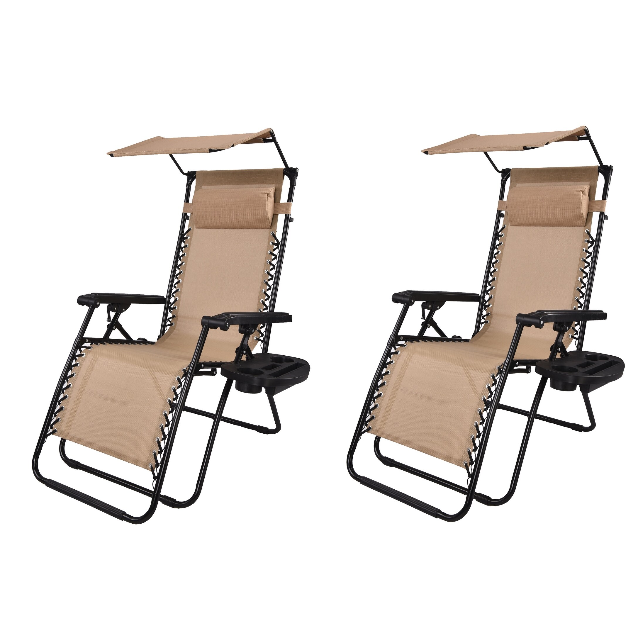 Zero Gravity Chair Case Lounge Outdoor Patio Beach Yard Garden Canopy Sunshade Utility Tray Cup Holder Tan Beige Two Pack