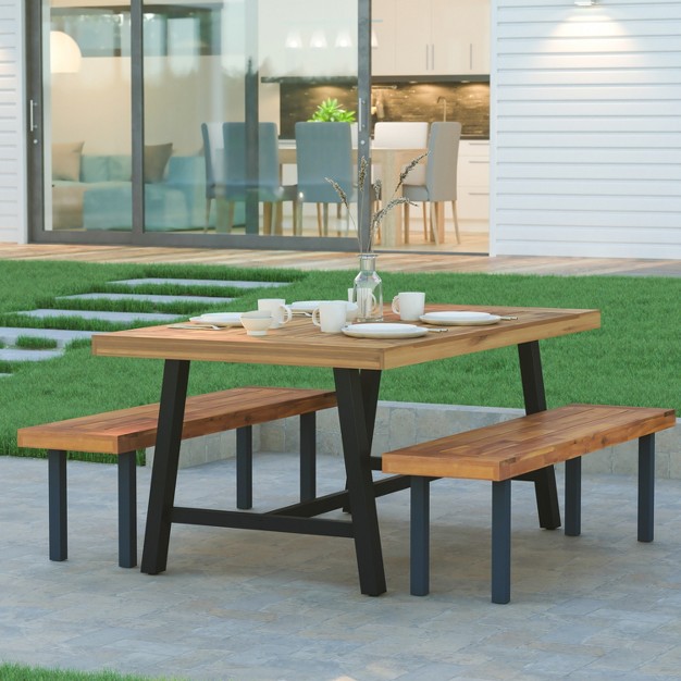 Emma And Oliver Natural Finish Solid Acacia Wood Dining Table With Black Metal Legs For Indoor And Outdoor Use