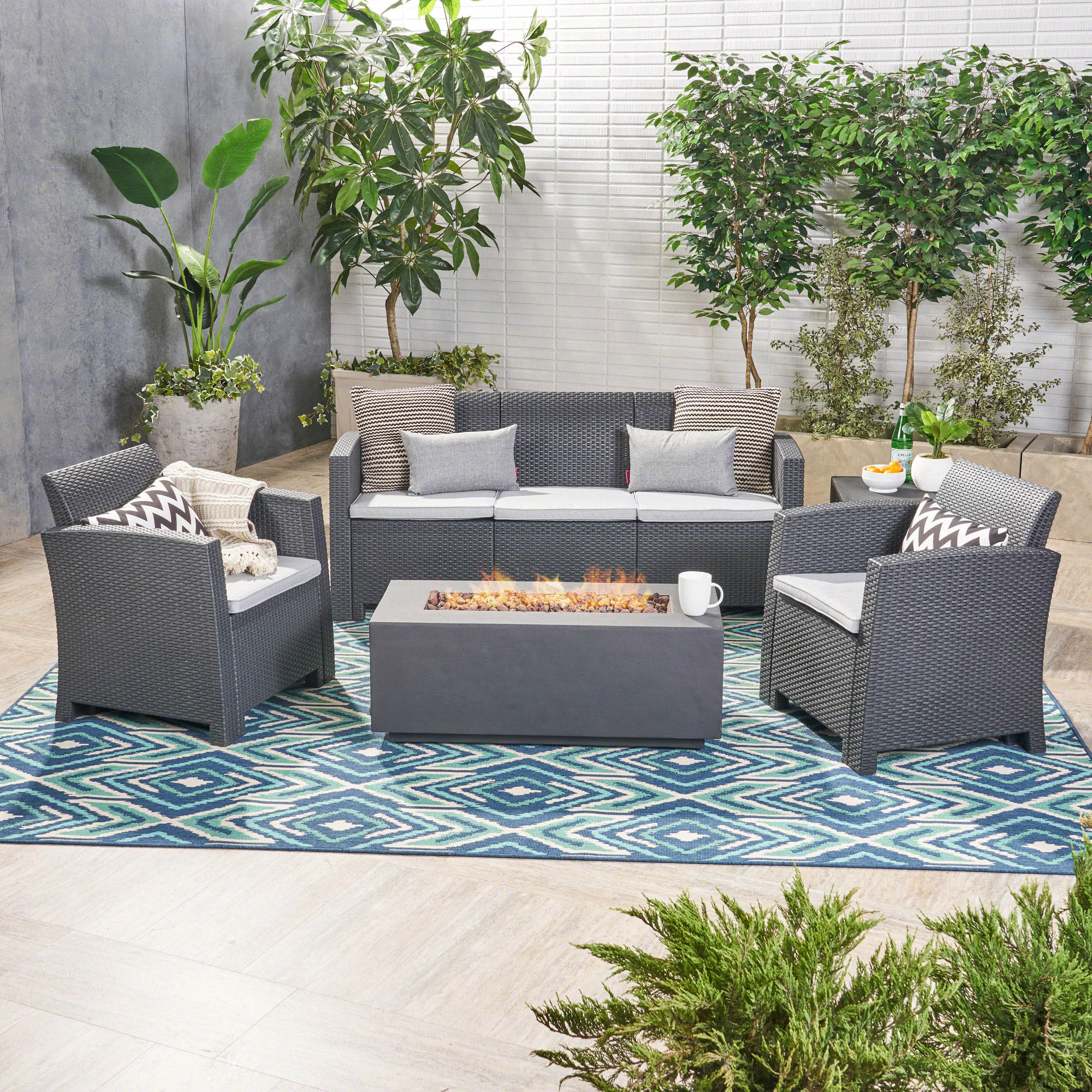 Clay Outdoor 5-Seater Wicker Print Chat Set with Fire Pit and Tank Holder