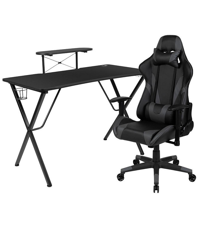 EMMA+OLIVER Gaming Desk and Chair Set - Cup Holder Headphone Hook And Monitor Stand