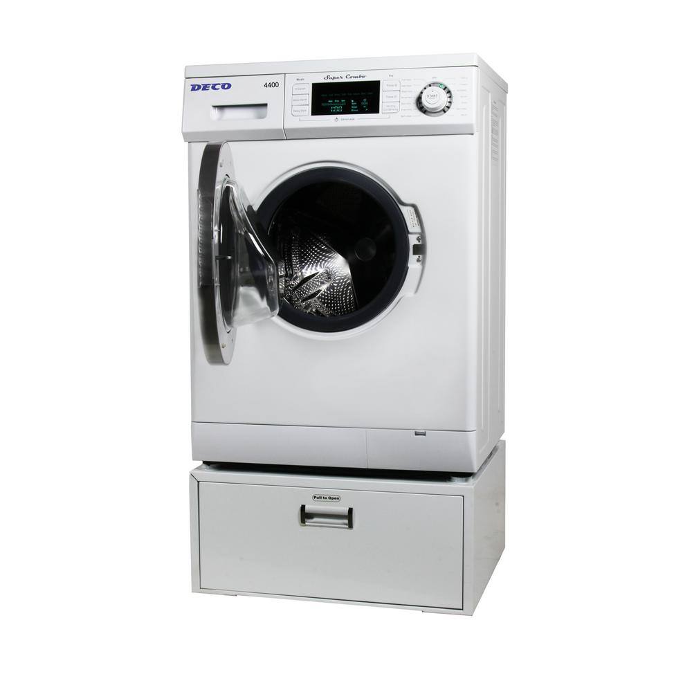 Deco All-in-one 1.6 cu. ft. 110V Compact Combo Washer Dryer with Optional VentedVentless and Sensor Dry w Pedestal in White DC4400W+PDL