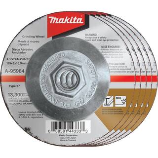 Makita 4-12 in. x 14 in. x 58 in. 36-Grit INOX Grinding Wheel (5-Pack) for use with 4-12 in. angle grinders A-95984-5