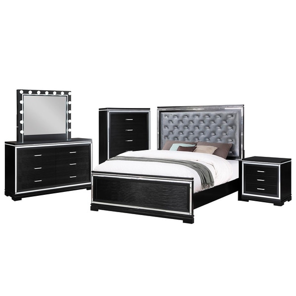 Eastern King Bedroom Set with Mirror Trim Accents in Silver and Black - - 36135700