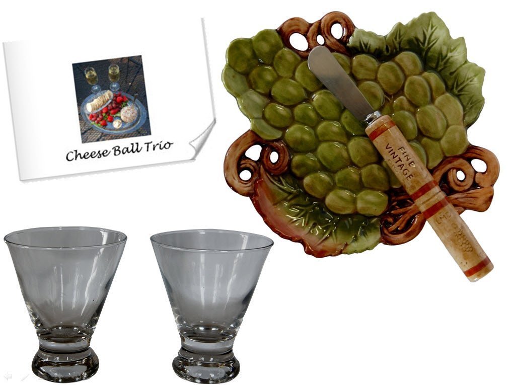 Cheese Tray with Spreader (Grapes)， 2 Wine Glasses and Cheese Ball Trio Recipe