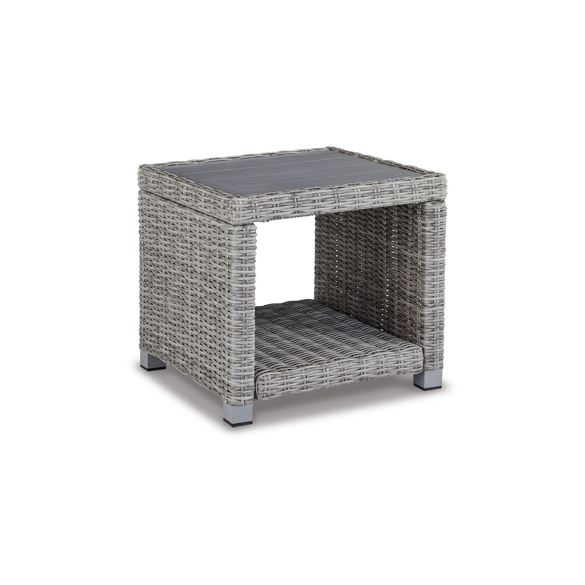 22 Inch Square Side End Table， Gray Resin Wicker Woven， Aluminum Frame