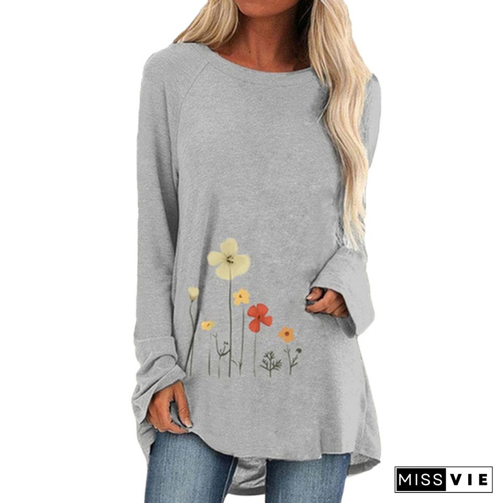 Spring and Autumn Plus Size Fashion Women Clothing Flowers Printed Casual T-shirt Ladies Long Sleeve Round Neck Pullover Tops