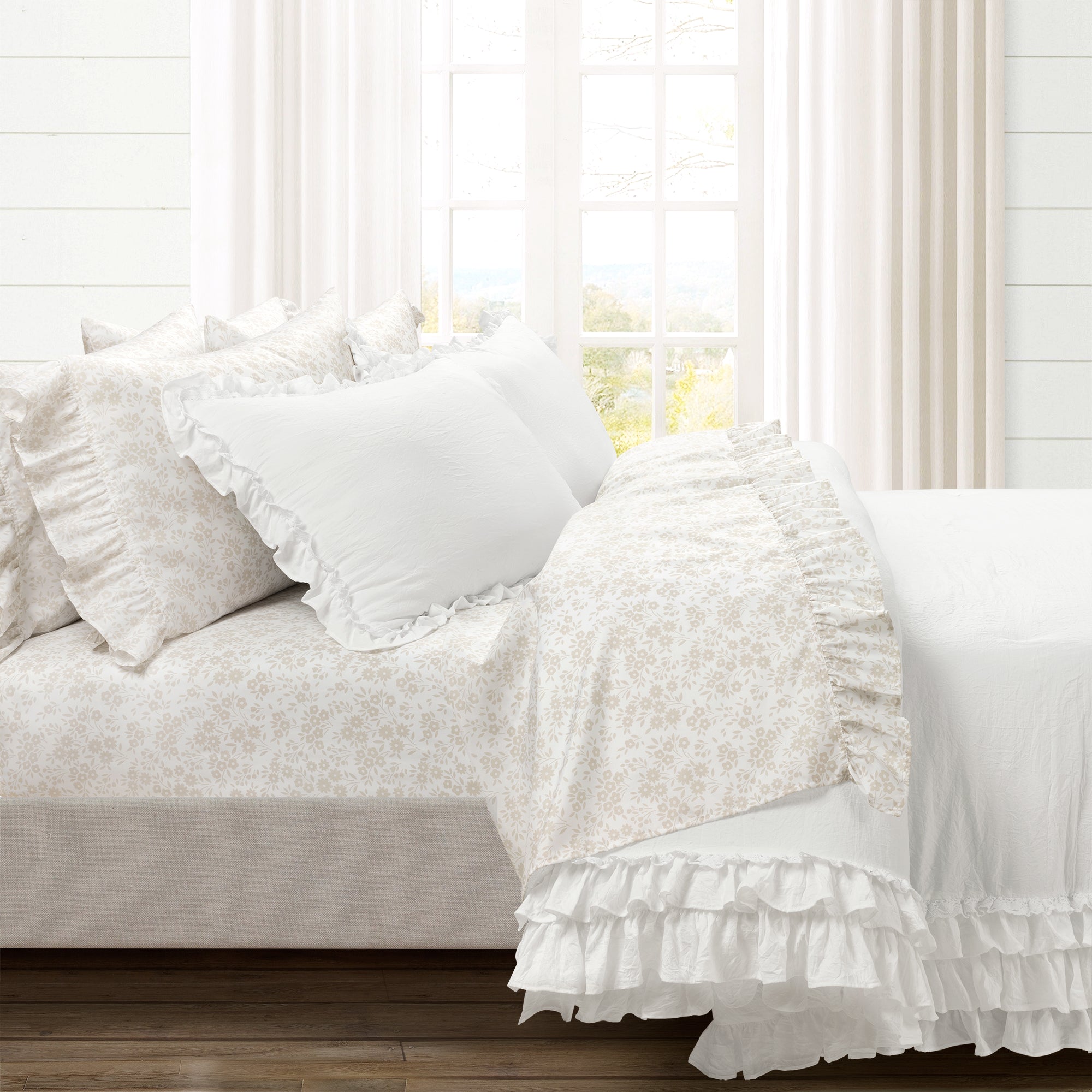 Bedding Bundle: Garden Of Flowers Ruffle Sheet Set + Ella Ruffle Lace Comforter Set