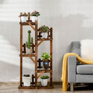 Costway 5-Tier Carbon Baking Wood Outdoor Plant Stands Multifunctional Storage Rack Display Shelf J9D34-A35