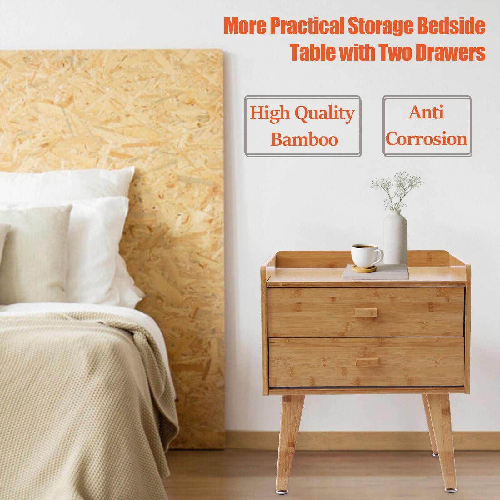 MIDUO 2 Drawers Bamboo Nightstand Bedroom Storage Table Sofa End Table w/2 Drawers