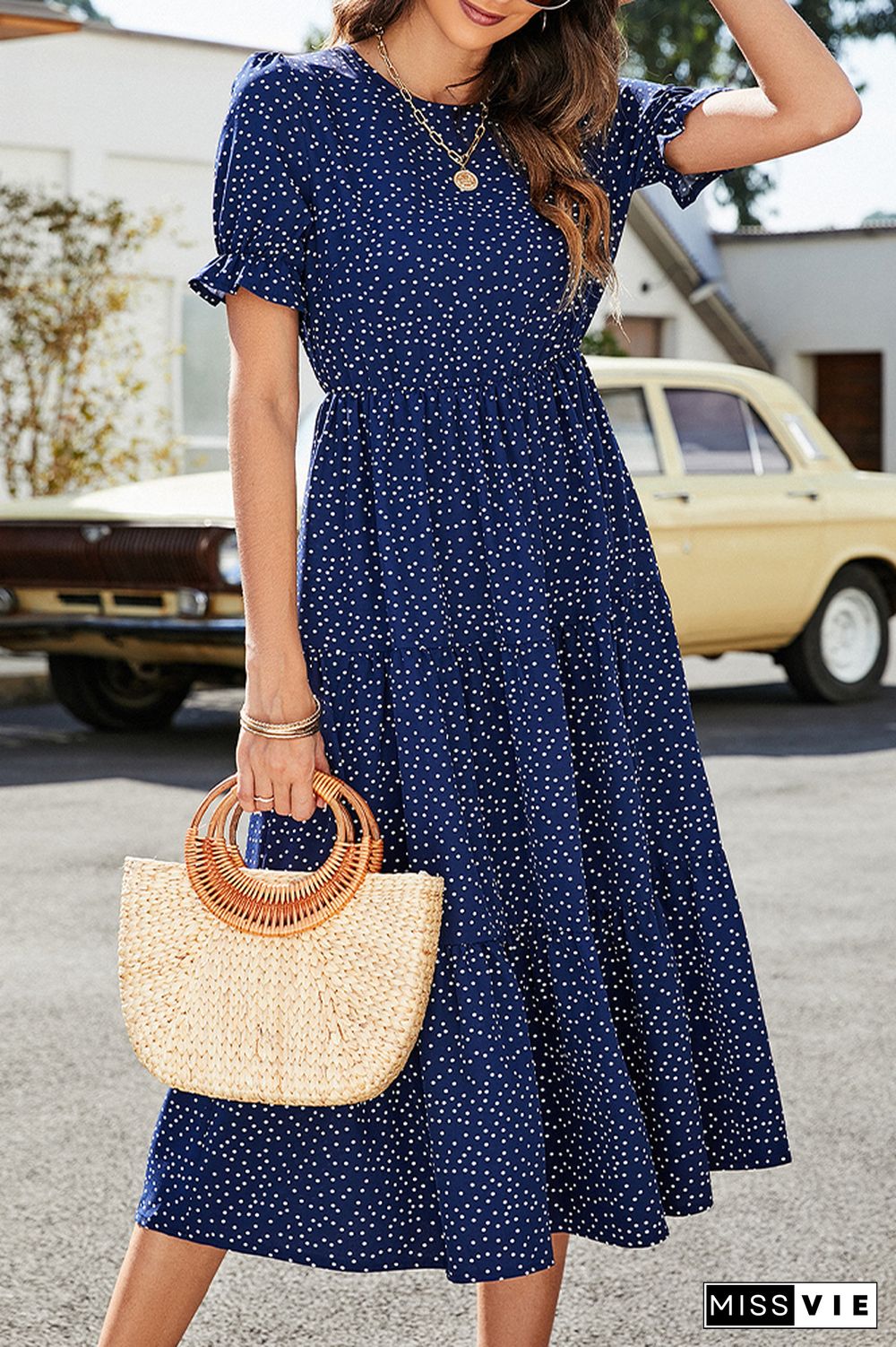 Polkadot Print Puff Sleeve Long Dress Wholesale