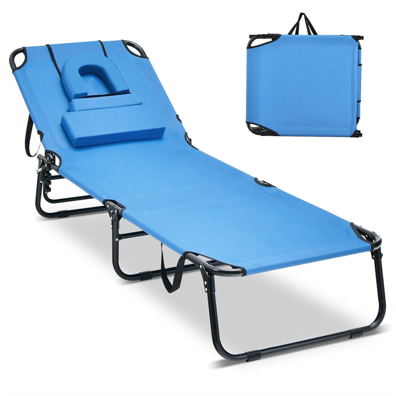 Folding Beach Chaise Lounge Chair 5-Position Adjustable Sunbathing Recliner with Face Hole & Dechatable Pillows