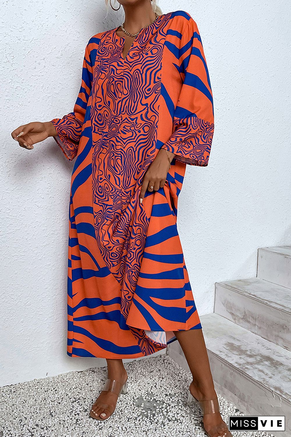 V Neck Orange Oversize Printed Maxi Dress