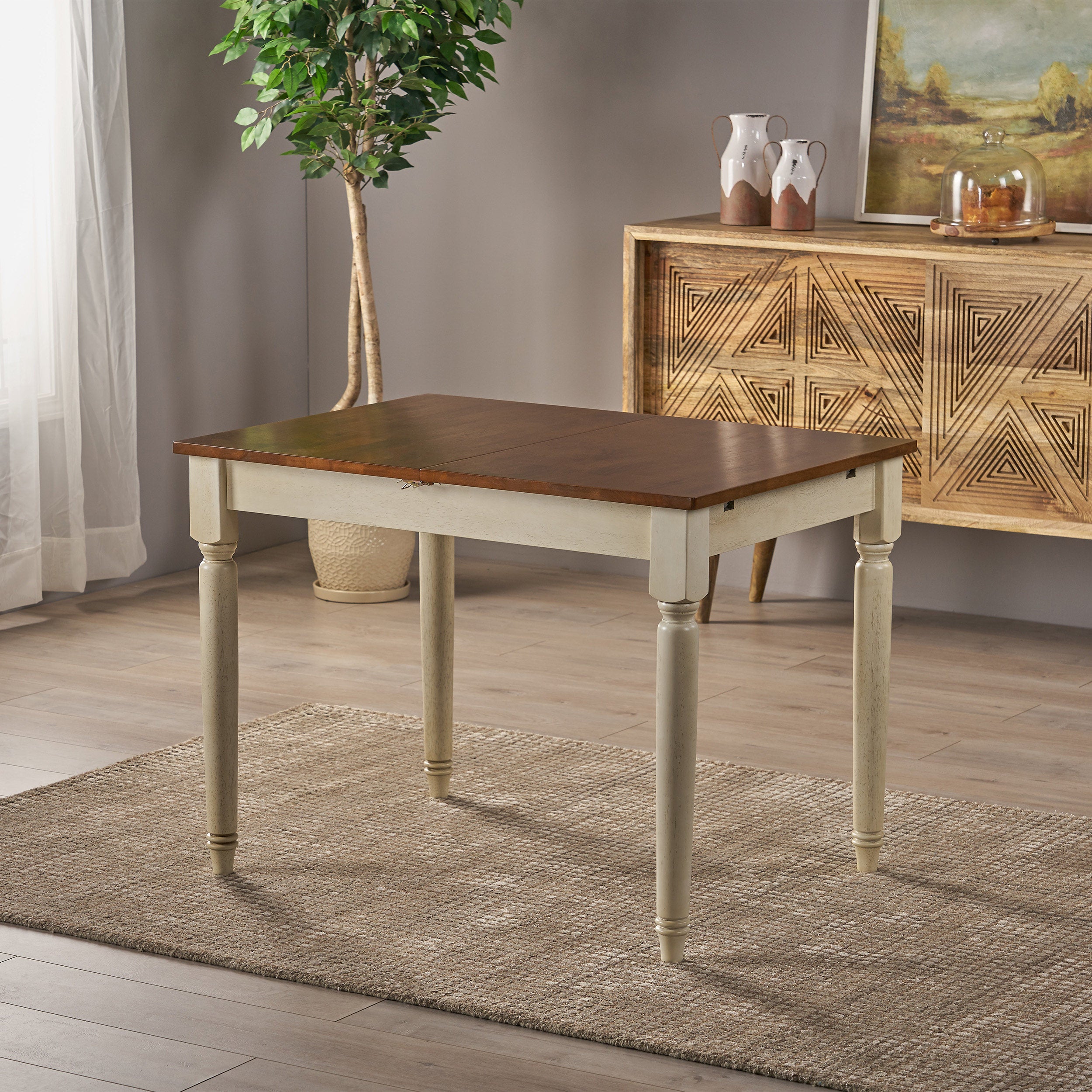 Bronwen Rustic Dark Oak and Cream Wood Dining Table with Leaf Extension