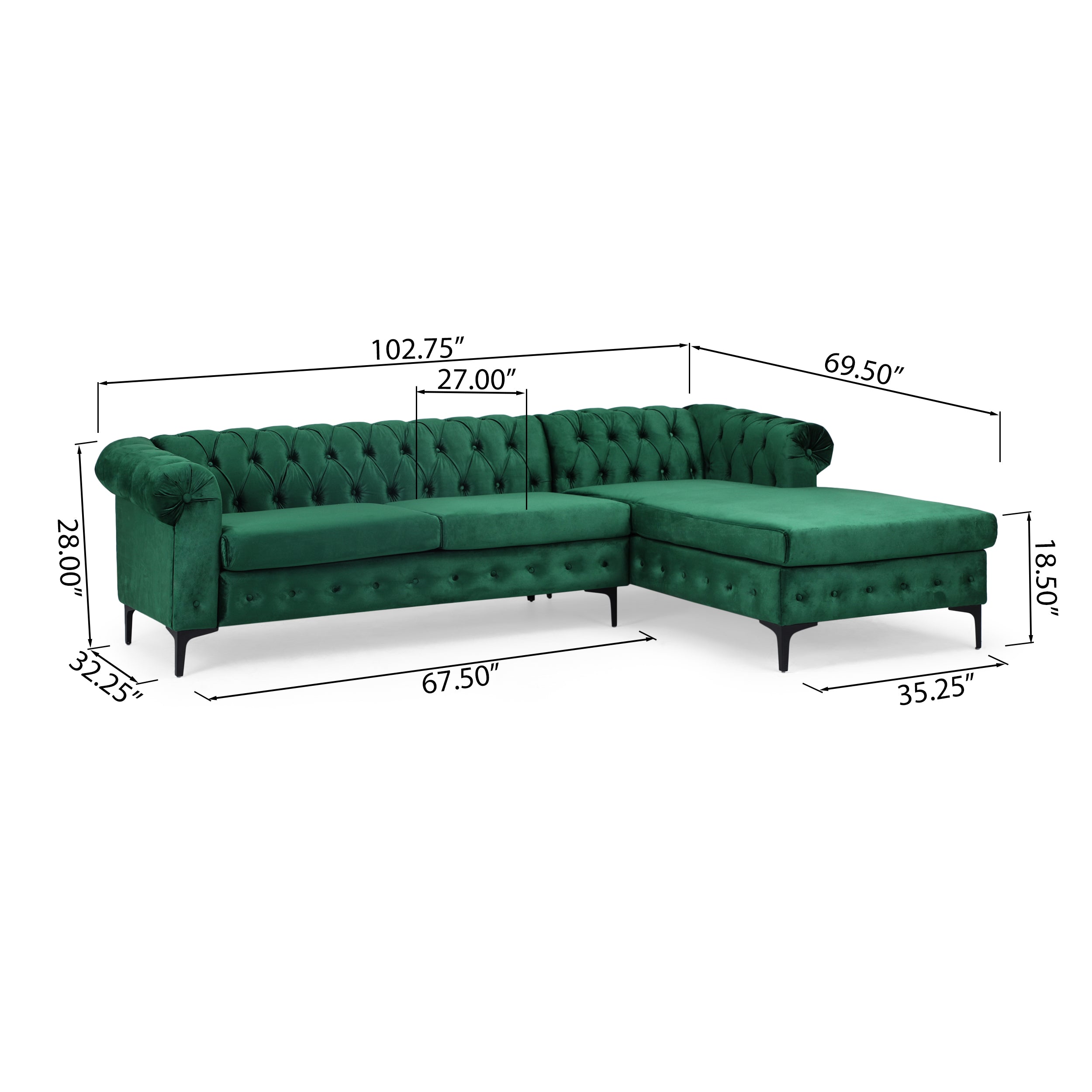 Juelz Contemporary Velvet 3 Seater Sectional Sofa with Chaise Lounge