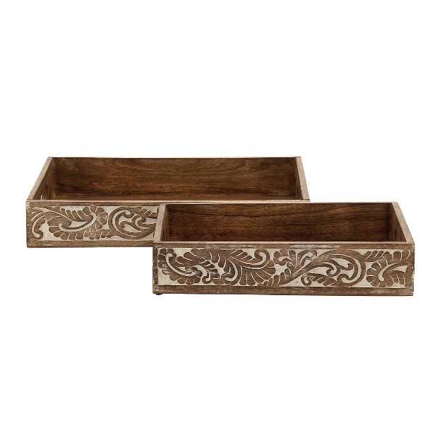 Set Of 2 Farmhouse Mango Wood And Mdf Trays Brown Olivia amp May