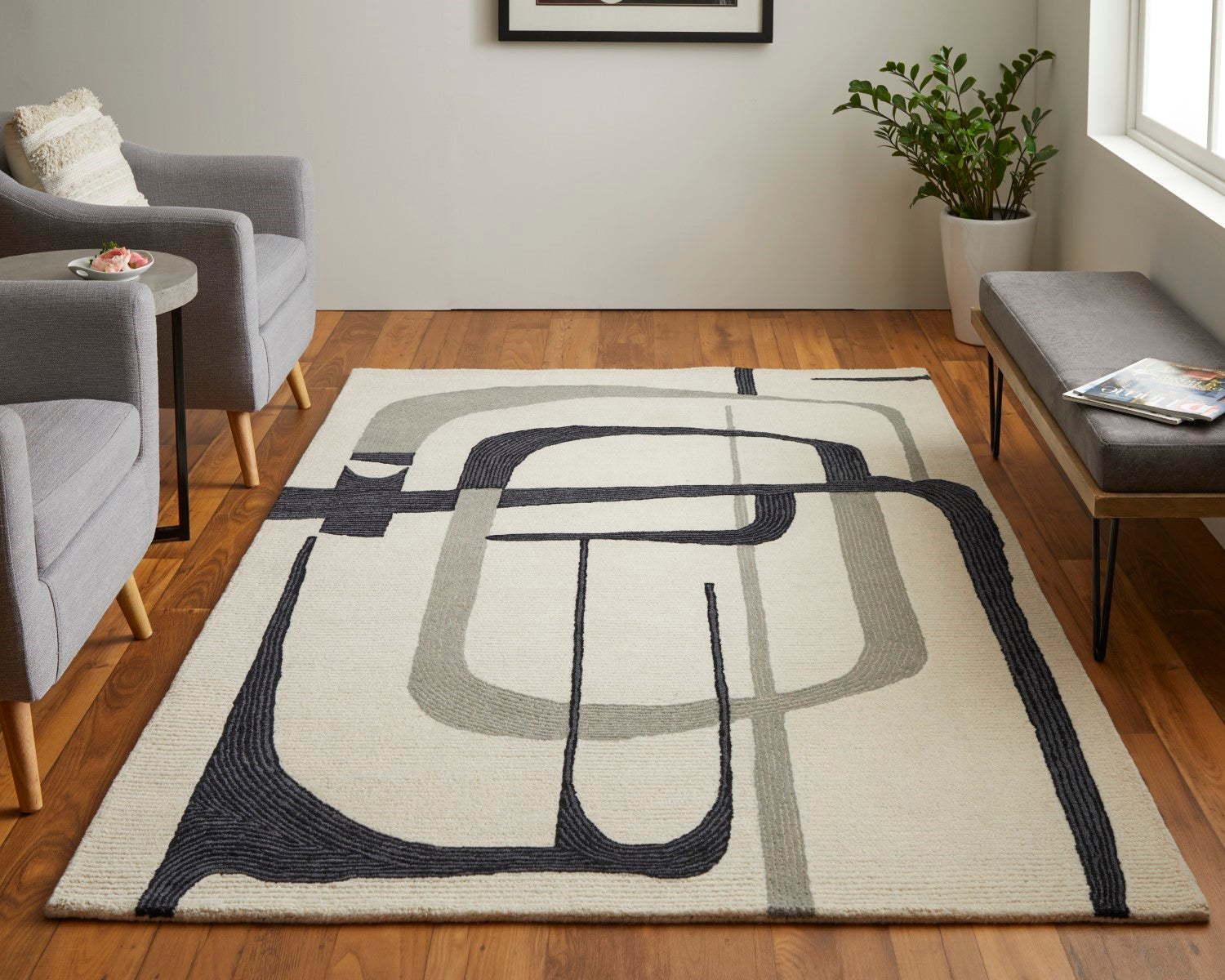 Ardon Architectural Abstract Hand Tufted Ivory / Black Rug