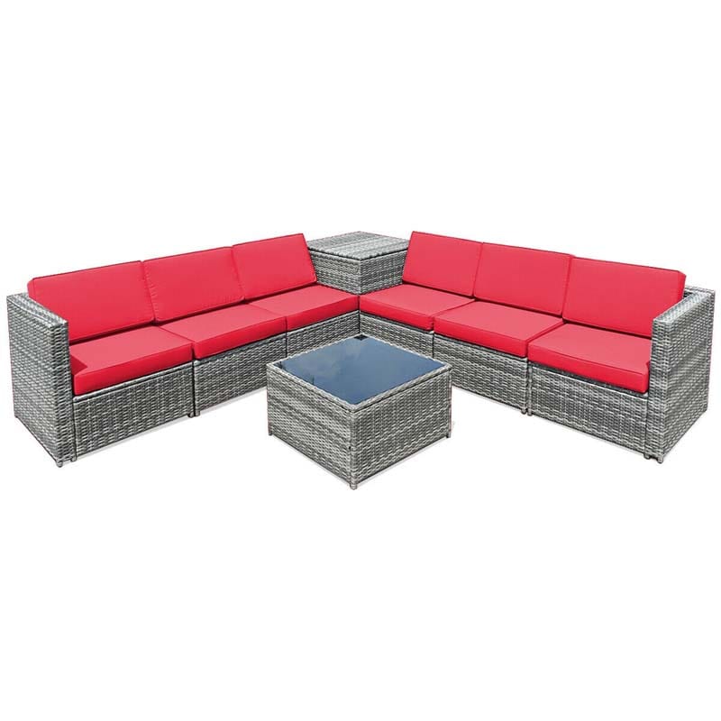 8 Pcs Rattan Patio Sectional Sofa Couch Set Outdoor Wicker Furniture Set with Storage Table & Cushions