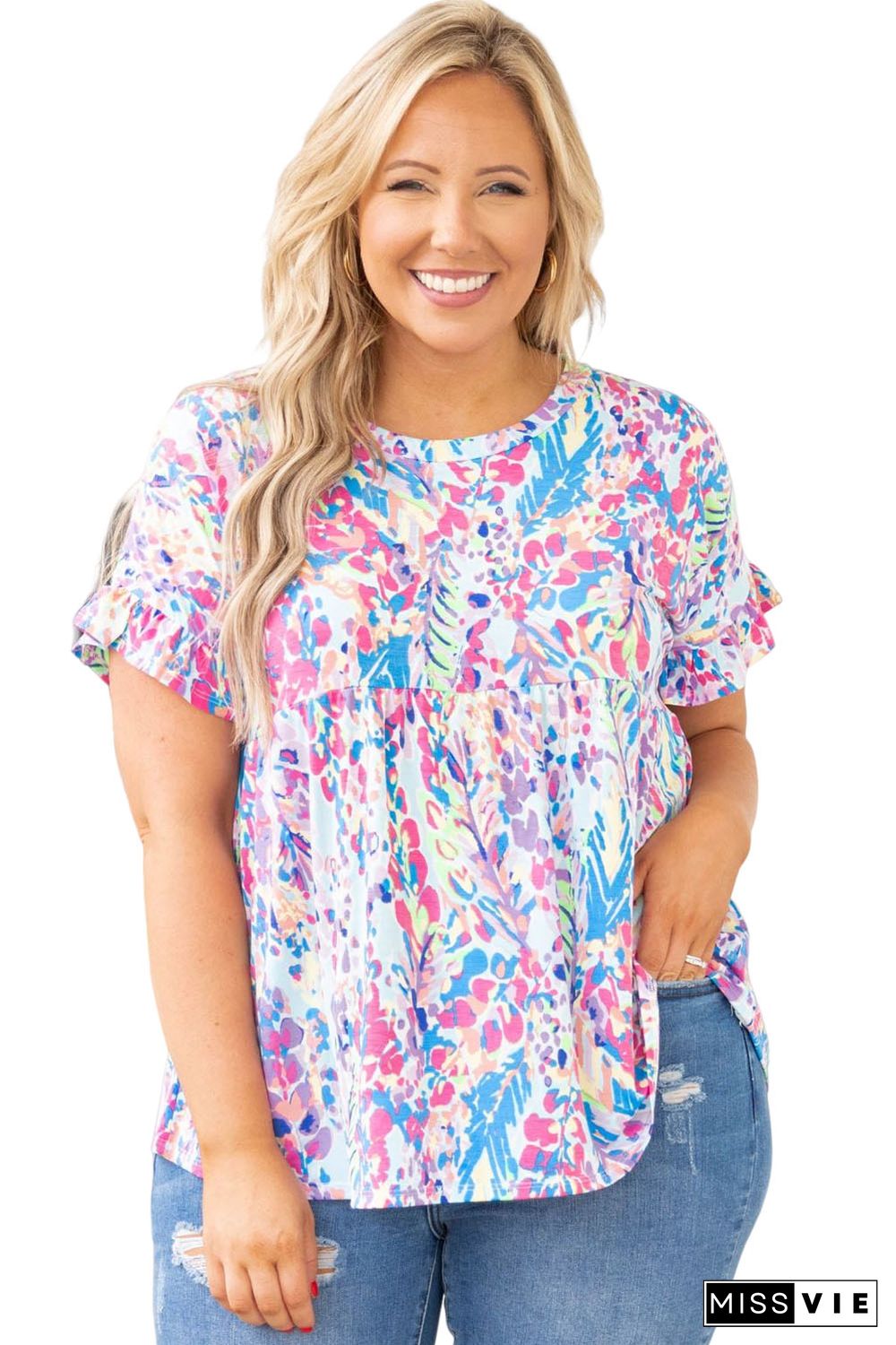 Purple Vibrant Botanical Print Frill Short Sleeve Plus Size Top