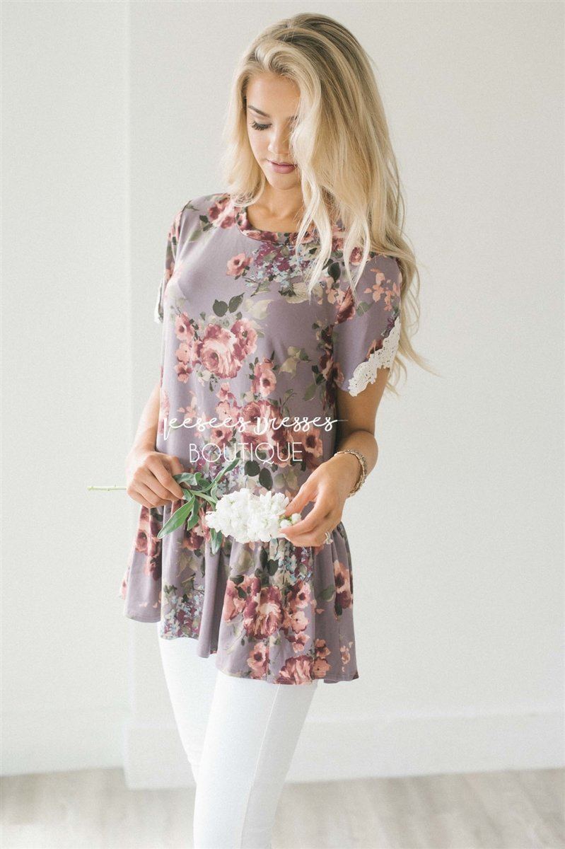 Dusty Lilac Floral Peplum Lace Sleeve Top