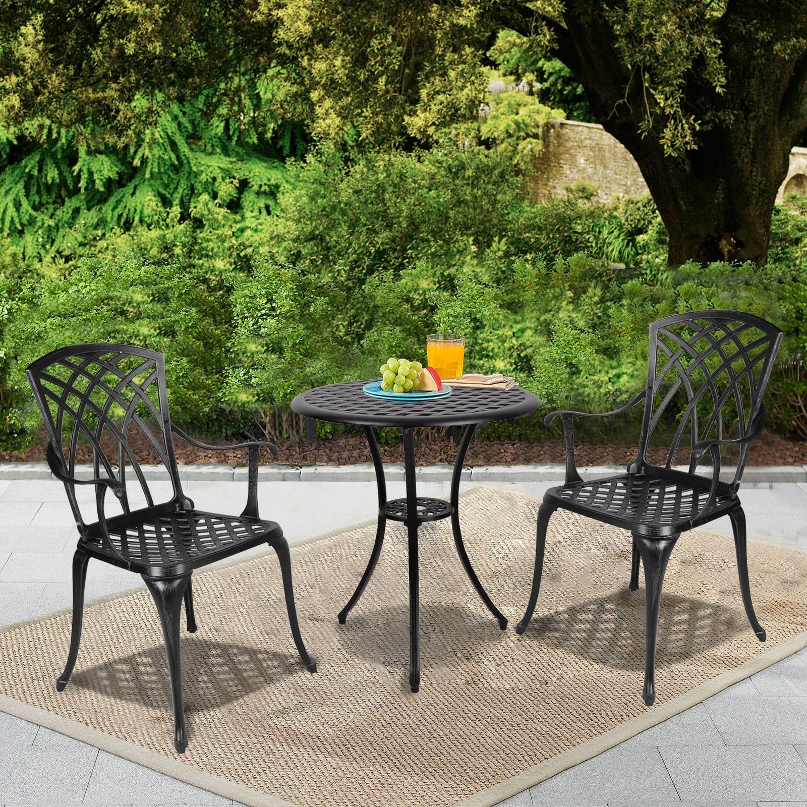 Polar Aurora 3 Piece Cast Aluminum Patio Bistro Set Table Outdoor Round Dining Armchair with Umbrella Hole for Porch， Lawn， Garden， Backyard， Pool， Black