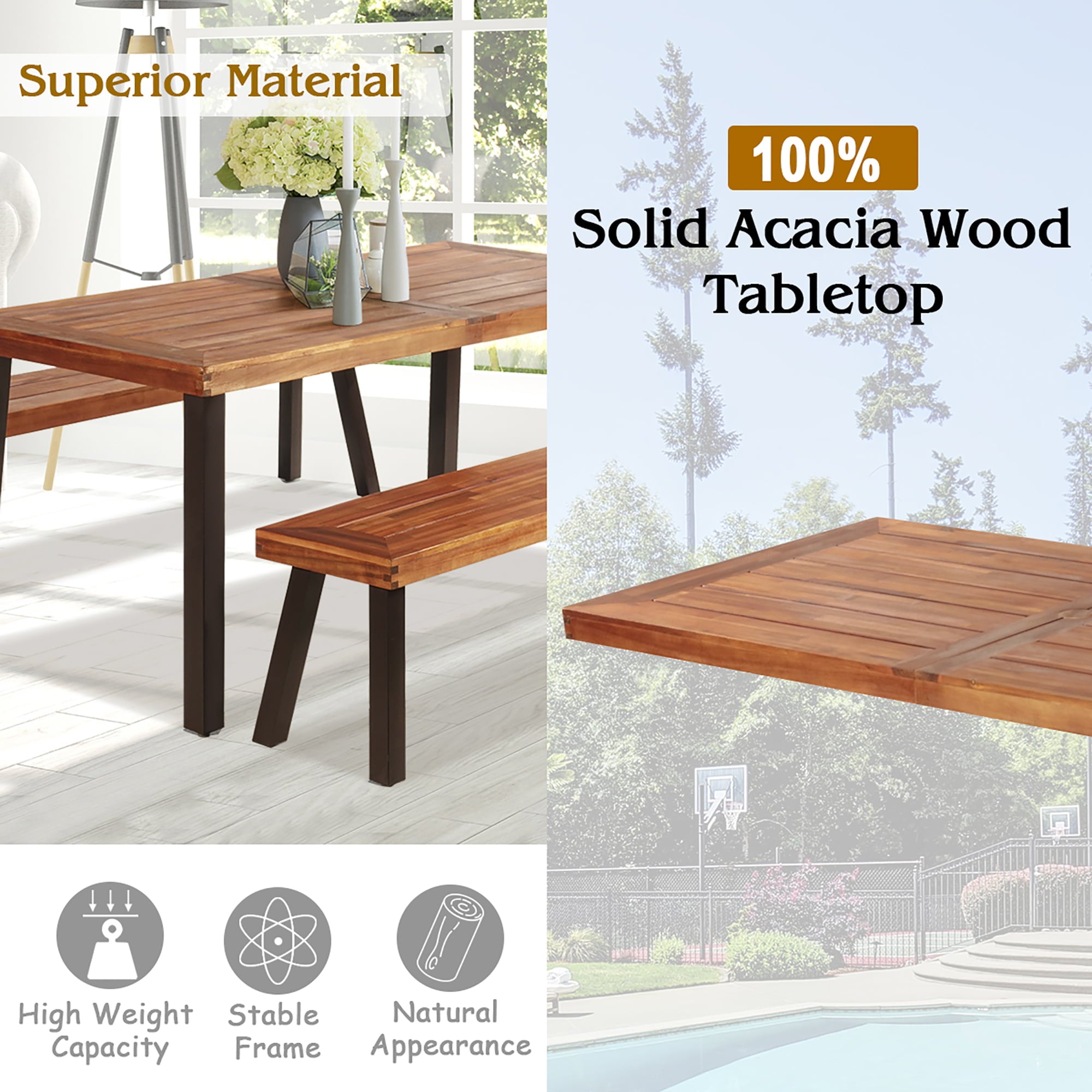 Costway 3 Pieces Picnic Table Set Acacia Wood Table Bench with Steel Legs Outdoor Patio