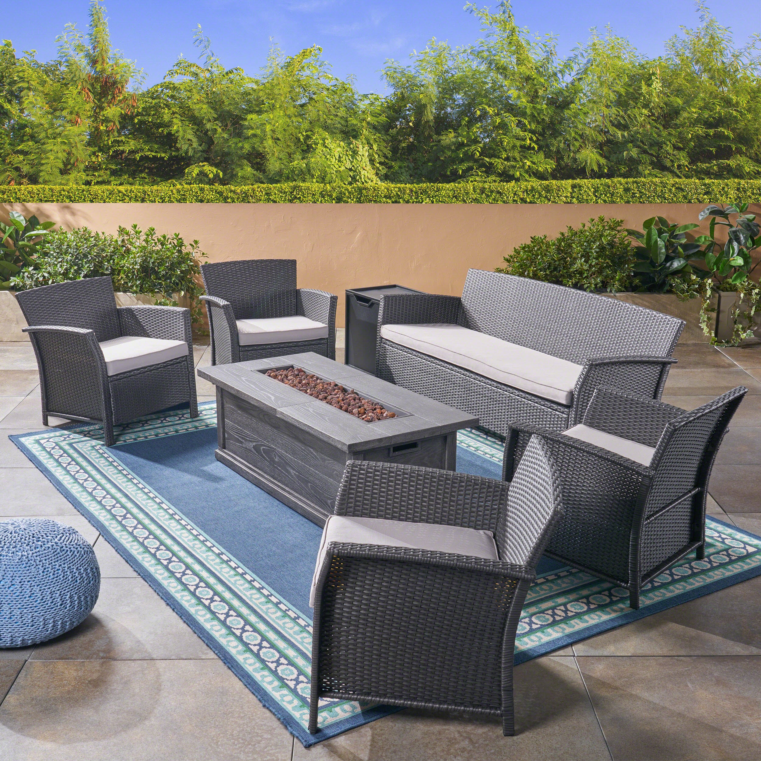 Laiah Outdoor 7 Seater Wicker Chat Set with Fire Pit