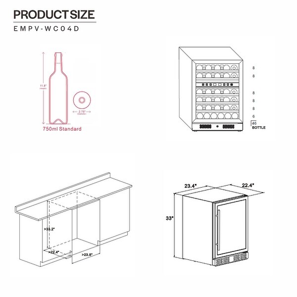 24 in. Dual Zone 46-Bottle Built-In and Freestanding Wine Chiller Refrigerator in Stainless Steel