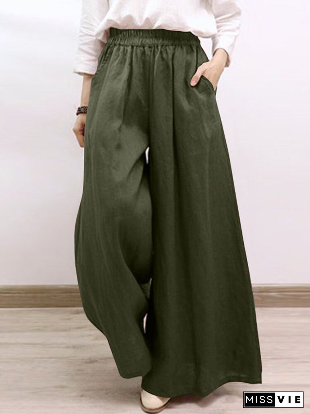 Solid Pocket Elastic Waist Wide Leg Casual Pants