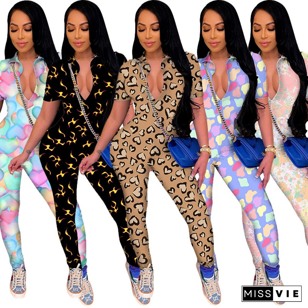 Womens Chic Printed Short Sleeve Zipper Front Skinny Jumpsuit