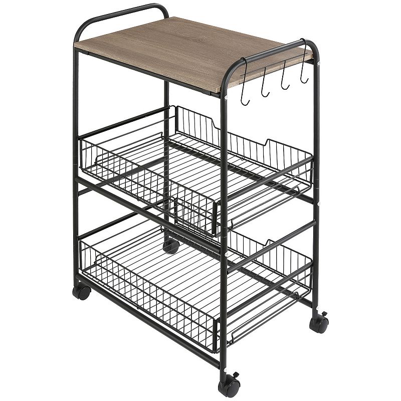 HOMCOM 24 3 Tier Rolling Kitchen Cart Utility Storage Trolley with 2 Basket Drawers Side Hooks for Dining Room Walnut Wood Tone