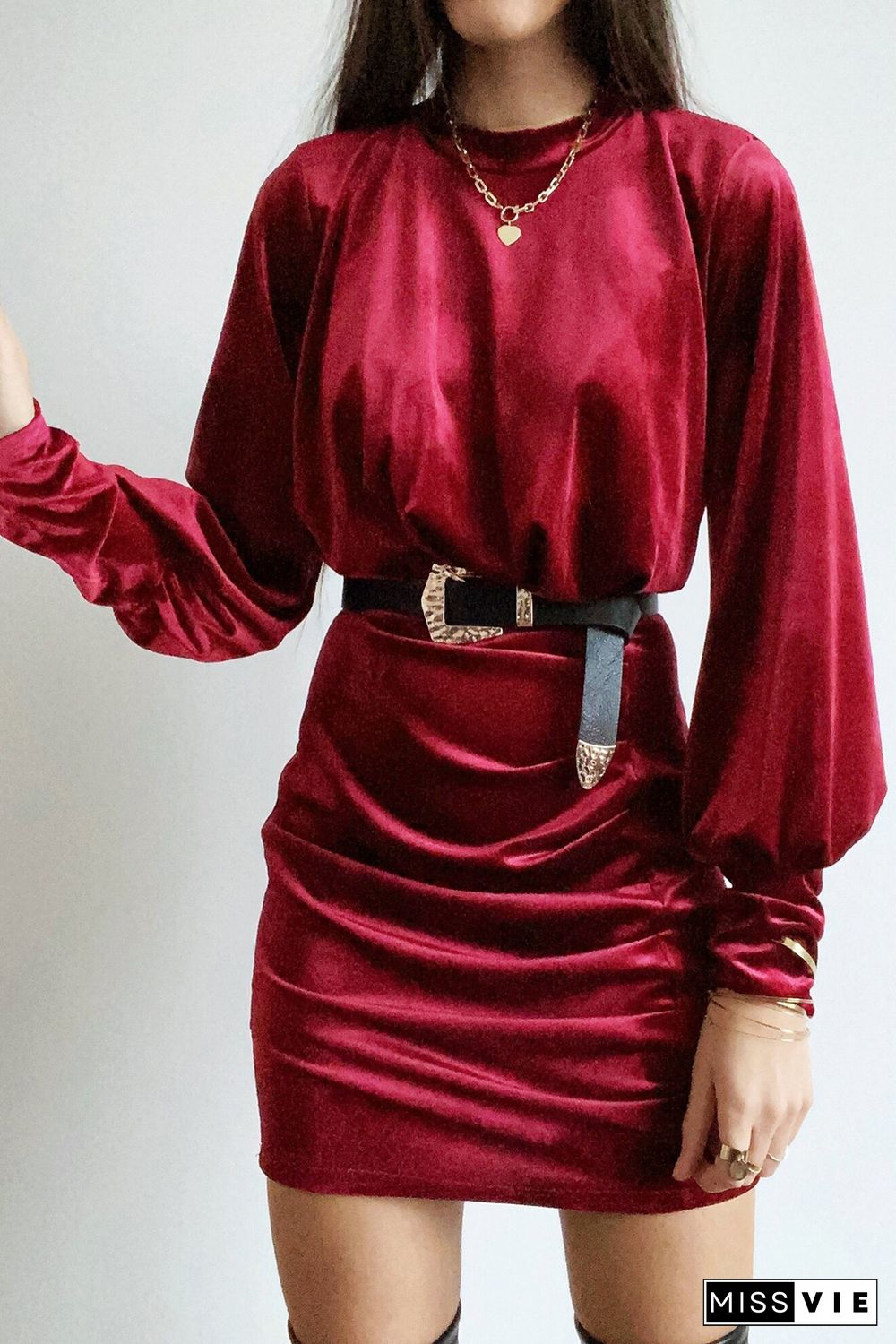 Wine Mock Neck Long Sleeve Ruched Velvet Mini Dress with Hollow-out Back