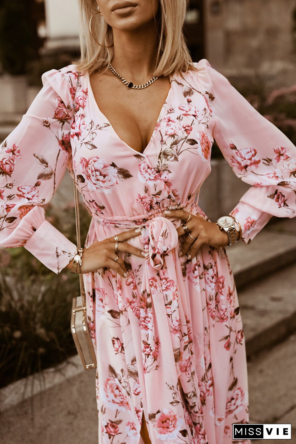 Pink Floral Long Sleeve Side Split High Waist Bohemia Maxi Dress