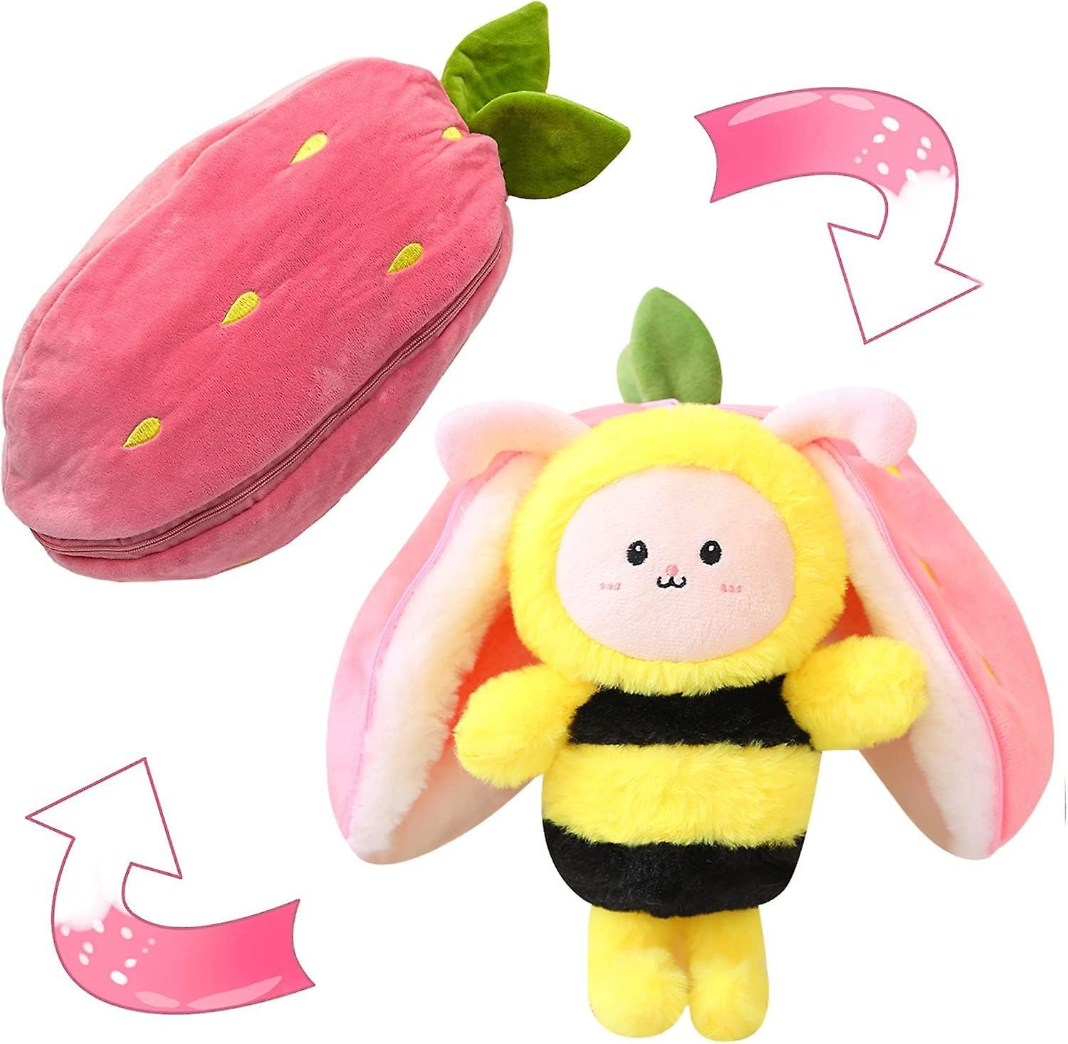 Bee Stuffed Animal Plush， Reversible Strawberry Turn Into Bee Ears Zip Plush Toy， A Strawberry For Baby and Adult Gift (11.8inch)