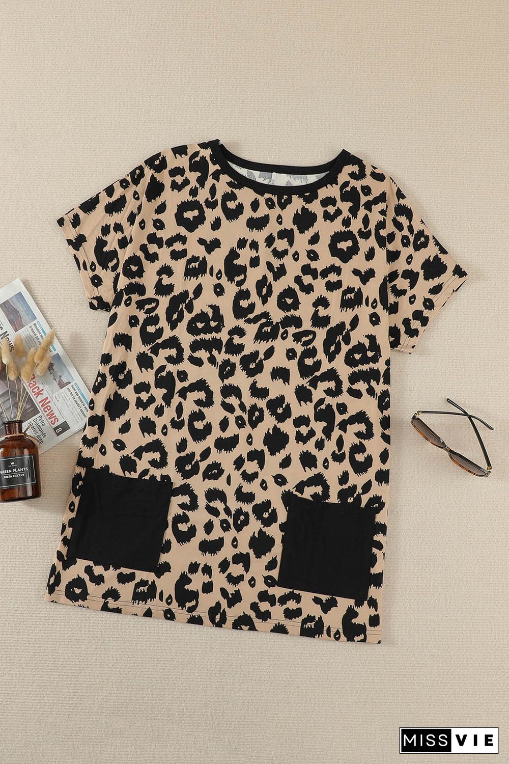 Leopard Print Pocketed T-shirt Mini Dress