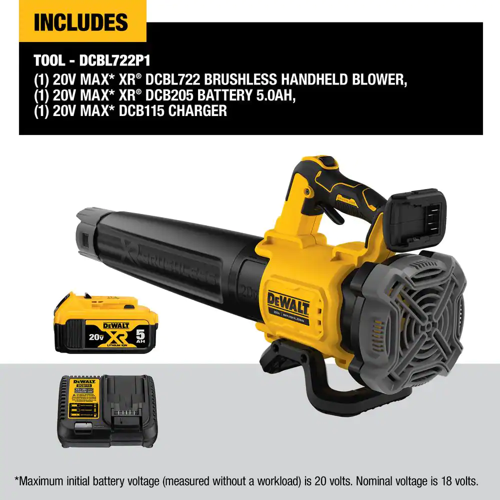 DEWALT DCBL722P1 20V MAX 125 Mph 450 CFM Brushless Cordless Battery Powered Handheld Leaf Blower with (1) 5Ah Battery and Charger