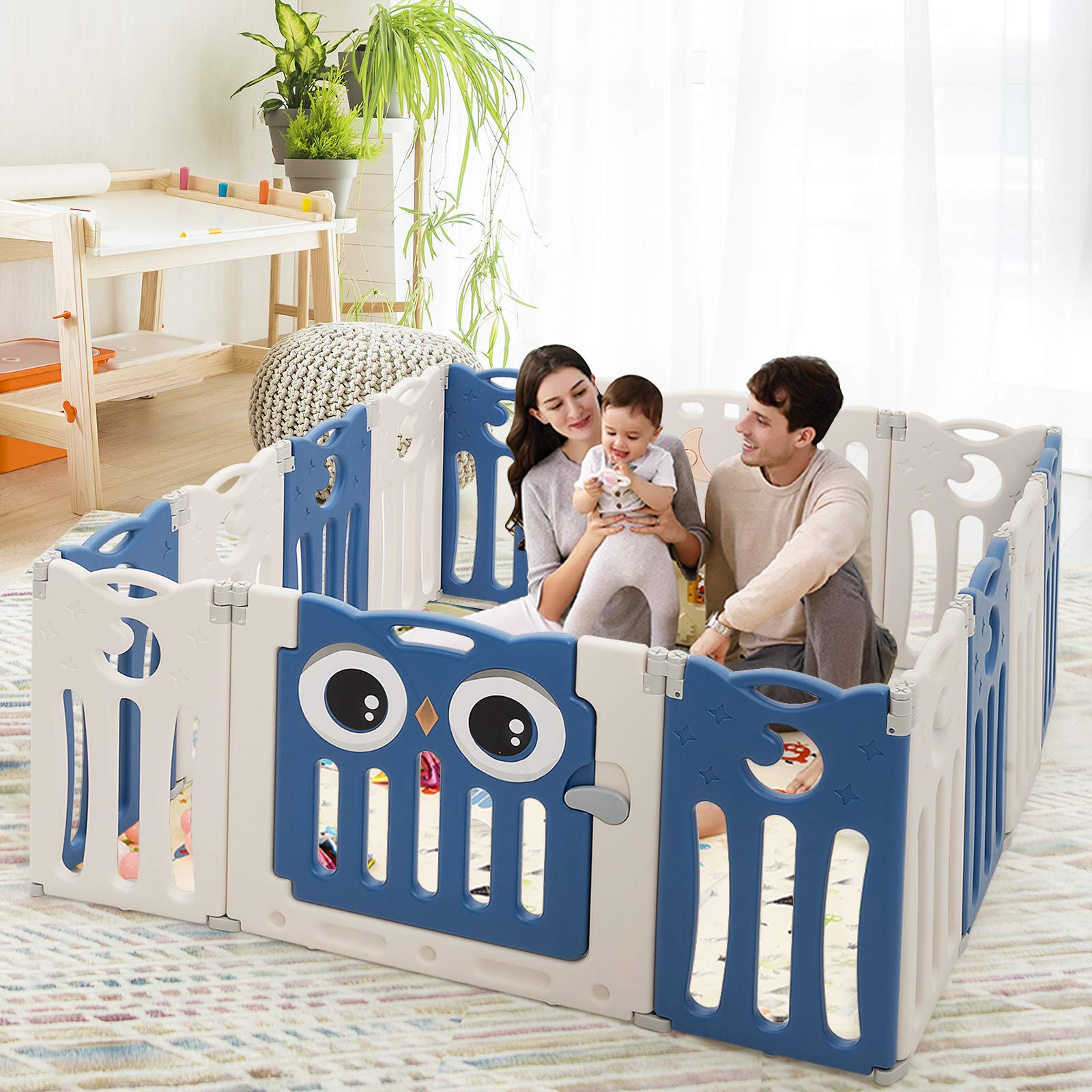 Costzon Foldable Baby Playpen, 14-Panel Baby Fence with Lock Door