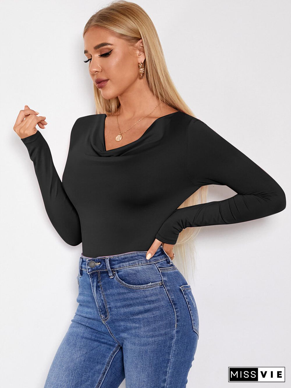 Solid Cowl Neck Long Sleeve Skinny High Elastic T-shirt For Women