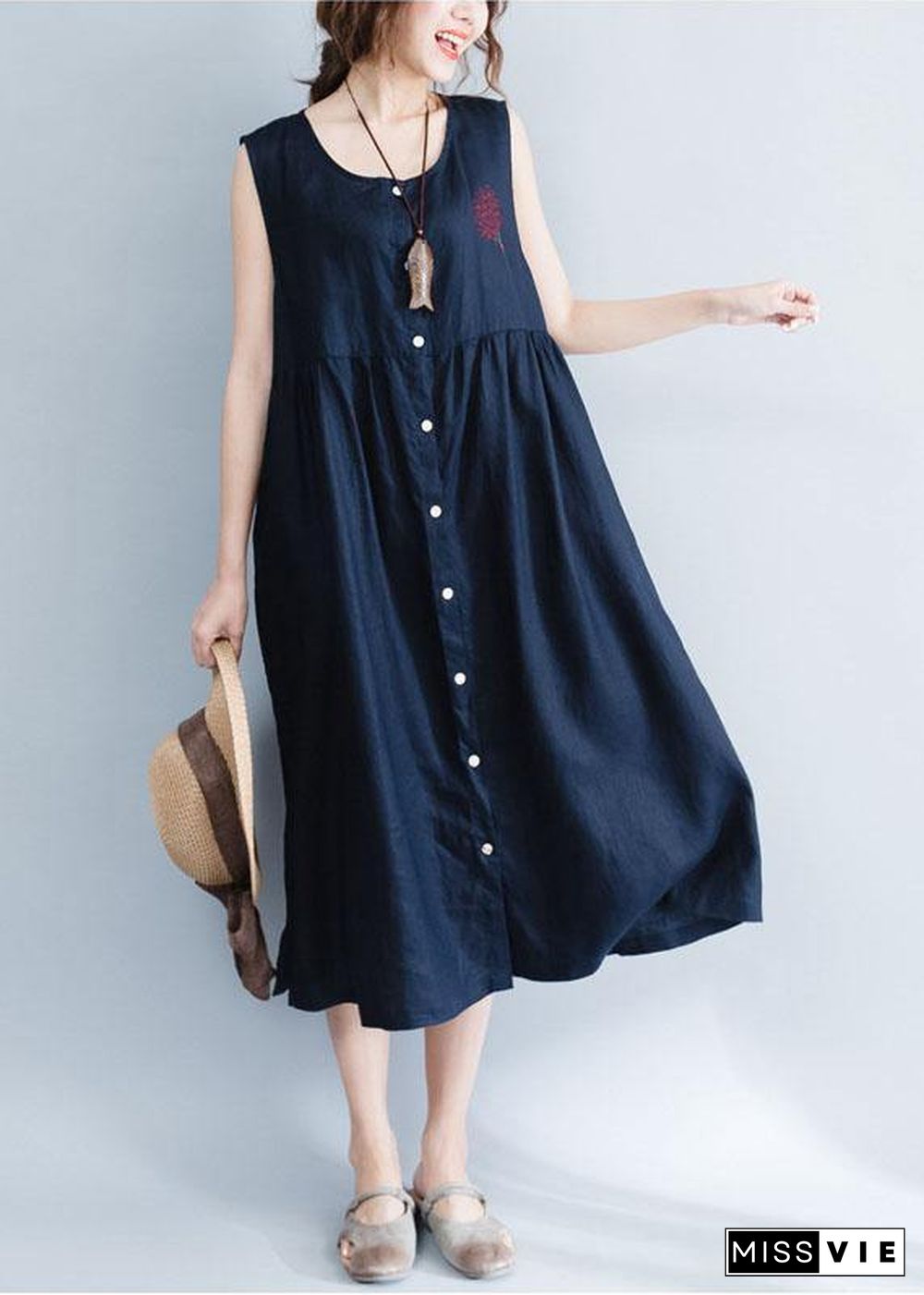 Women navy patchwork linen cotton clothes For Women sleeveless Maxi summer Dress