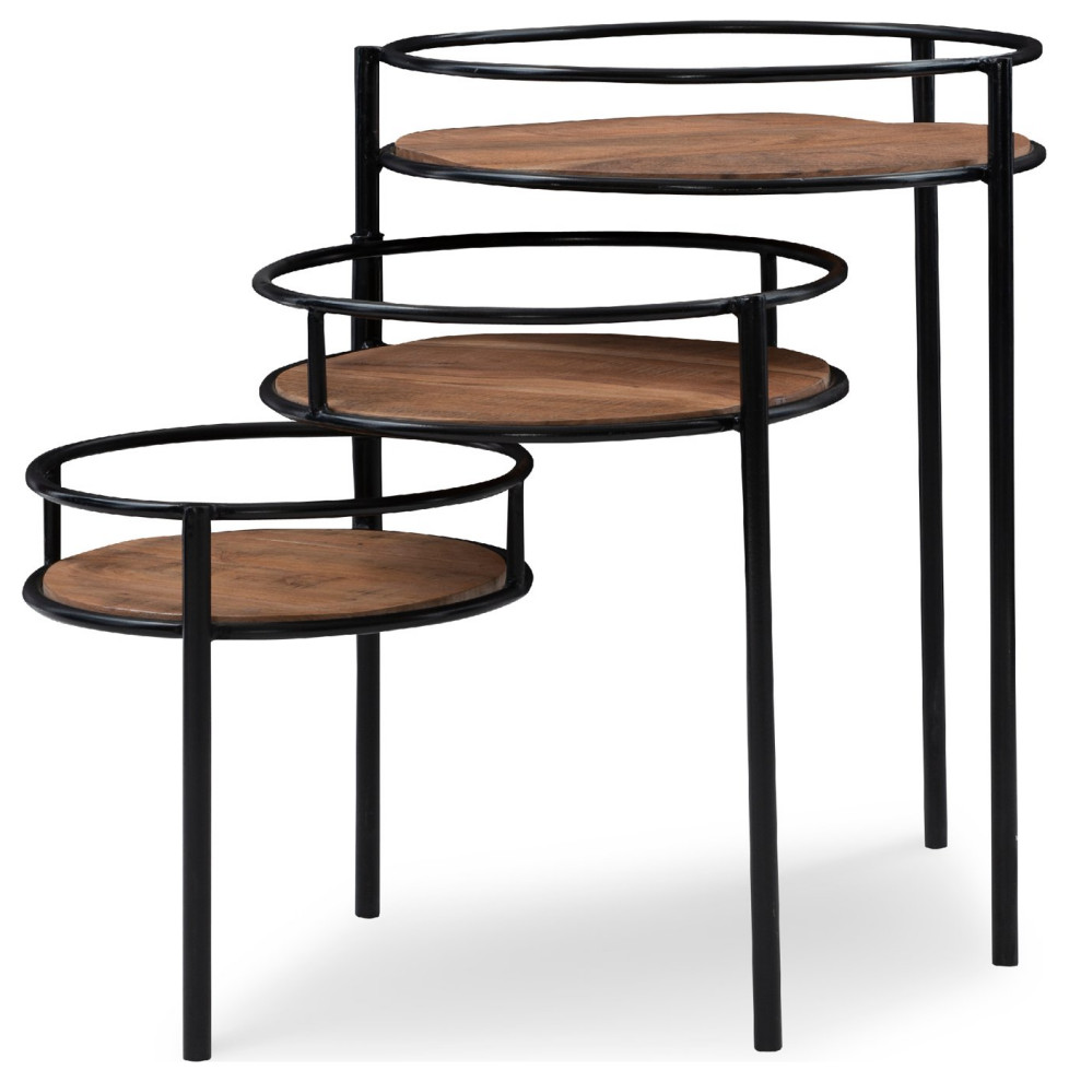 Transitional End Table  Unique Nesting Design With Round Acacia Wood Tops   Industrial   Coffee Table Sets   by Decor Love  Houzz