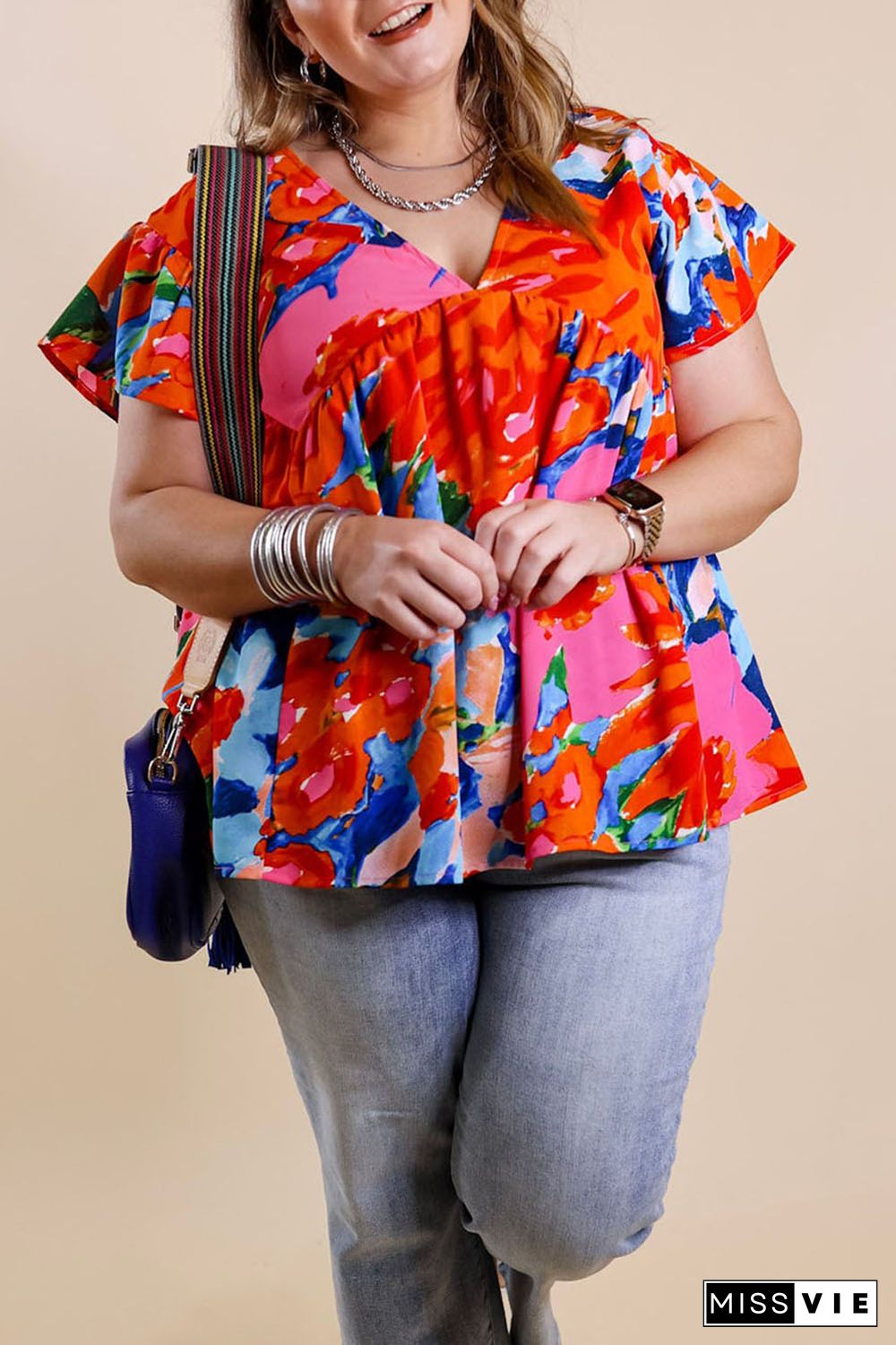 Red Abstract Floral Print V Neck Plus Blouse