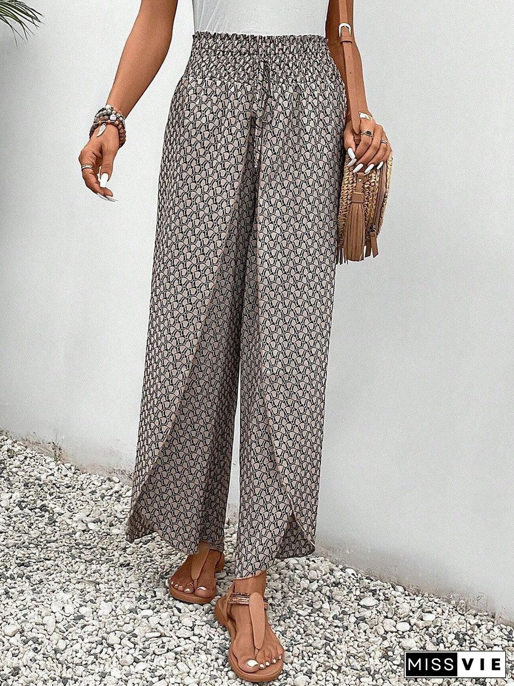 Brown Print Elastic Drawstring Waistband Pants